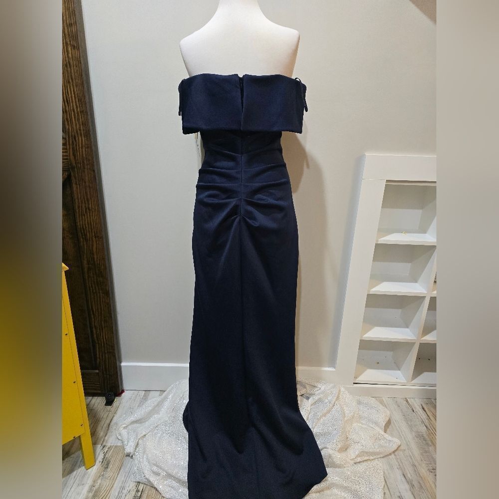 Xscape  Long Scuba Off The Shoulder Dress NWT Size 14 Navy Blue - Picture 4 of 5